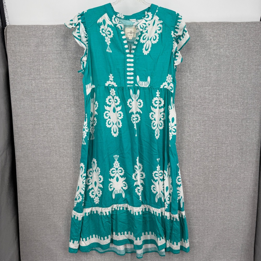 Umgee Dress Sz M‎ Teal White Midi Damask Ikat Ruffle Sleeve Empire Waist Boho
